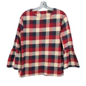 Hatch Maternity Red Navy Plaid Flannel Top Size M 2 Bell 3/4 Sleeves Back Button